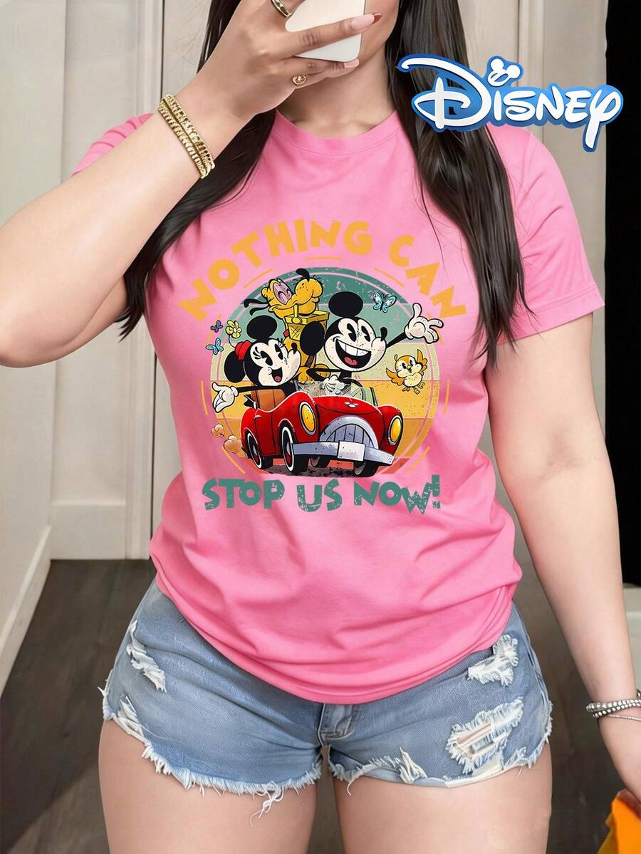 DISNEY Women's Mickey & T-Shirt - Mickey Ears & Minnie All-Over Print Round Neck Summer Casual Top, Machine Washable Gift Suitable For Spring/Summer Wear, Themed Outfits For, Picnic, Everyday Outfits - Hồng - Xem 1