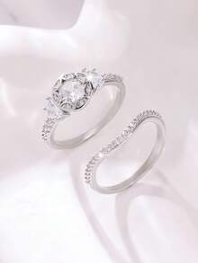 2件套奢华高品质优雅闪亮圆形立方氧化锆订婚结婚戒指套装，适合宴会、生日礼物、结婚纪念日、情人节、圣诞节、新年和其他节日。 - 銀色 - 查看 1