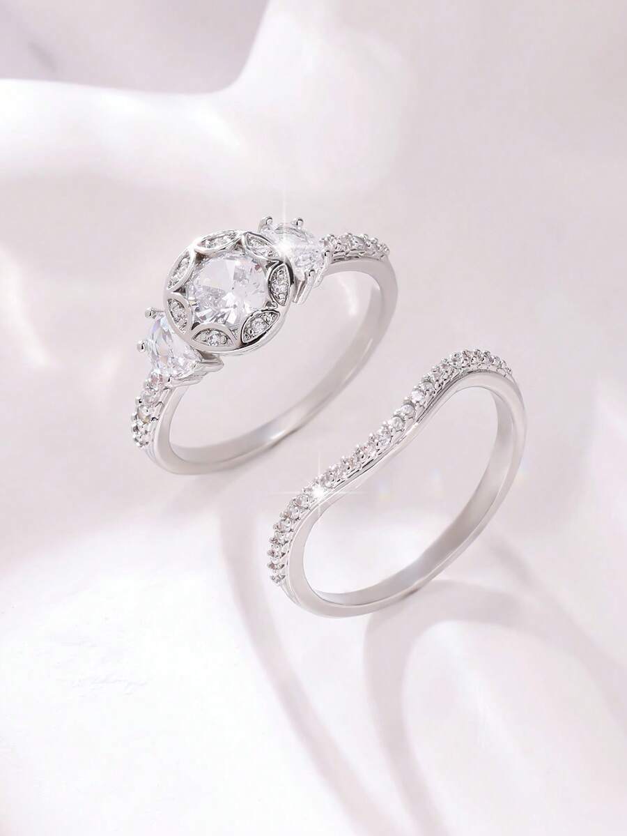 2件套奢华高品质优雅闪亮圆形立方氧化锆订婚结婚戒指套装，适合宴会、生日礼物、结婚纪念日、情人节、圣诞节、新年和其他节日。 - 銀色 - 查看 1