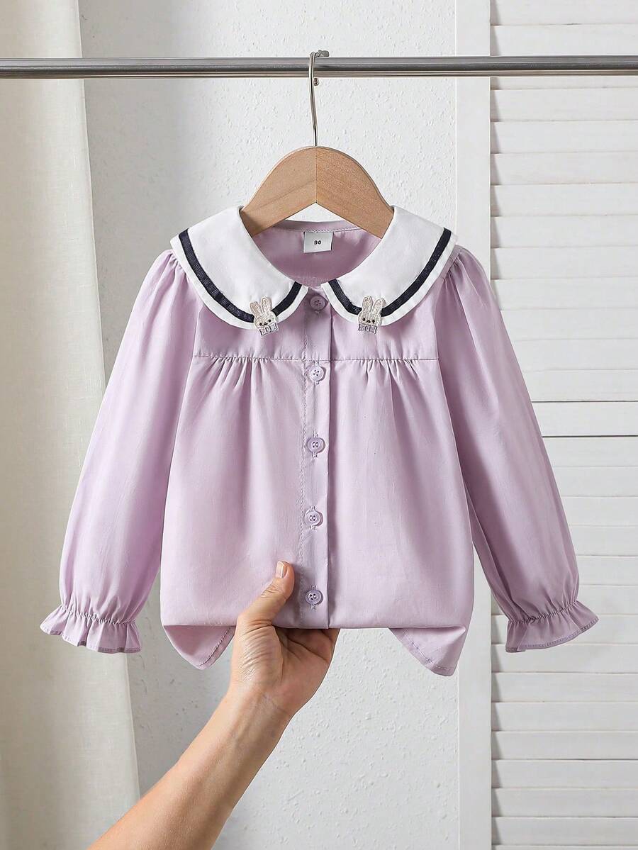 Young Girl Spring Casual Cute Rabbit Embroidery Peter Pan Collar Blouse - Lilac Purple - View 1