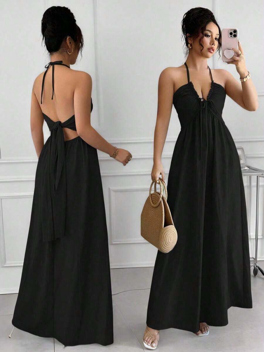 Vestido con cuello halter, espalda anudada y diseño calado acampanado - Negro - Ver 1