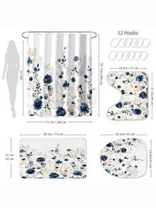 1/4件套海军蓝花卉浴室窗帘套装,浴室窗帘,4件套金色花叶浴室装饰套装(含防滑地毯、马桶盖和浴垫),带12个挂钩的浴帘套装,马桶盖和浴垫,带12个挂钩的浴帘套装 - A - 查看 5