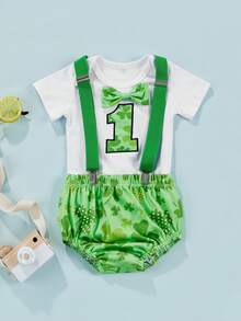 Infant Baby Boys Summer Suit, Short Sleeve Number Printed Bowknot Romper Tops Printed Suspender Triangle Shorts - Verde - Ver 3
