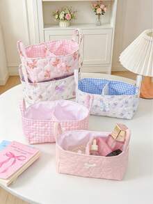 1 pièce Panier de rangement matelassé à motif cœur Ins, organisateur de bureau, conception de poignée portable, organisateur de rouge à lèvres, pinceaux de maquillage et produits de soins de la peau, décoration de bureau, organisateur de cosmétiques, panier de pique-nique portable, cadeau de la Saint-Valentin, cadeau de rentrée scolaire - Multicolore - Voir 5