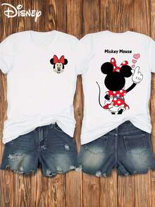 Disney Women's T-Shirt Circle Authorization, Leopard Print Mickey Double-Sided Printed Soft Elastic Casual Short Sleeved Top, Fashionable Short Sleeved Round Neck T-Shirt, Women's Clothing - 黑色 - 查看 6
