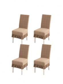 1pc Camel Ruffle Skirt Stretch Dining Chair Cover, Removable Washable Anti-Dust Slipcover, Jacquard Textured Chair Protector For Home & Banquet Decor - Camel - View 12