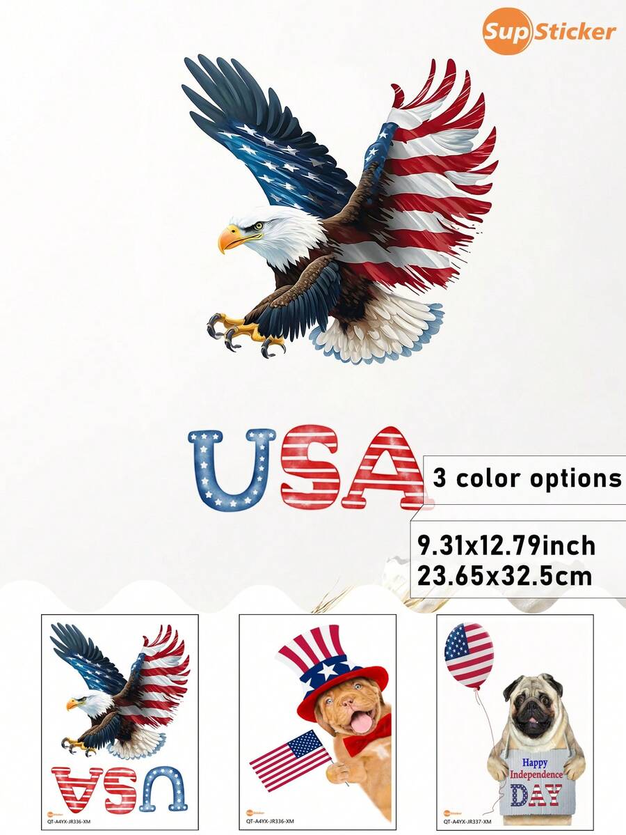 SUPSTICKER 1件美國日美國國旗動物寫實可愛風自黏牆貼,可移除PVC材質,節日家居空間改造壁紙,撕貼式,不捲邊,可移除,可DIY組合,易清潔,適用於美國日牆面裝飾、派對背景裝飾、櫃面美化、兒童房氛圍營造、區域背景裝飾、兒童空間環境美化與翻新,9.31*12.79英吋 - 1pc - 查看 1