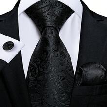 Bộ 3 món dành cho nam giới, gồm cà vạt rộng 8cm màu đen họa tiết Paisley, khăn cài túi và khuy măng sét, bộ cà vạt công sở cổ điển chất lượng cao, thích hợp làm quà tặng đám cưới, Giáng sinh, tiệc tùng. - màu đen - Xem 1