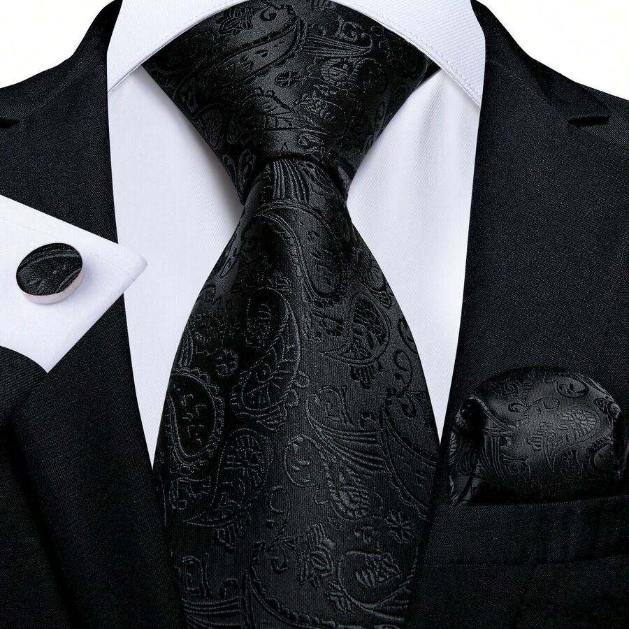 Bộ 3 món dành cho nam giới, gồm cà vạt rộng 8cm màu đen họa tiết Paisley, khăn cài túi và khuy măng sét, bộ cà vạt công sở cổ điển chất lượng cao, thích hợp làm quà tặng đám cưới, Giáng sinh, tiệc tùng. - màu đen - Xem 1