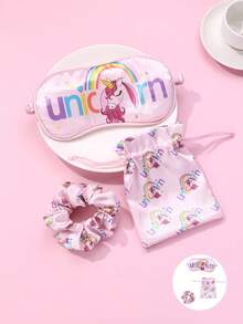 1pc Scrunchie, 1pc Eye Mask, 1pc Storage Pouch - Polyester Fabric Unicorn Printed Cute Hair Accessory Set For Daily Use - Multicolor - View 5