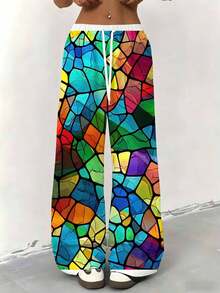 Women Straight Leg Wide Leg Pants Colorful Stained Glass Print Casual Sporty Wear 250g - Nhiều màu - Xem 4