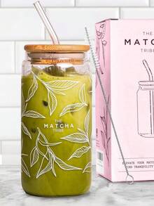 1 Set - Matcha Forest Series Iced Matcha Tumbler, Large Capacity Glass Straw Cup, Home/Office Juice/Beverage Straw Cup, Kitchen Straw Water Cup - Best Gift For Matcha & Coffee Lovers! - Multicolor - View 9