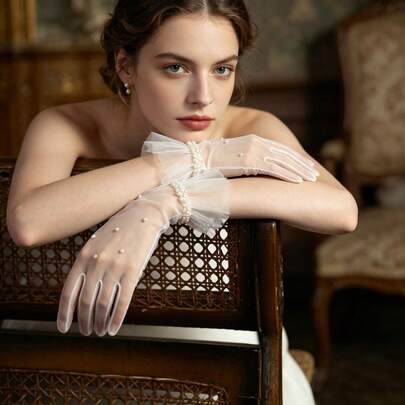 1 Pair Of Women's Pearl Ruffle Bridal White Gloves, Suitable For Weddings, Evening Parties, Festive Parties, Family Gatherings, Business Banquets, And Dress Accessories