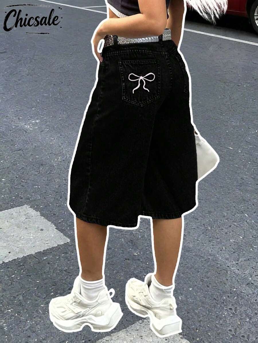 Women's Y2K Style Loose Wide-Leg 7/8 Length Jeans With Butterfly Embroidered Pockets Casual Black Summer - Black - View 1