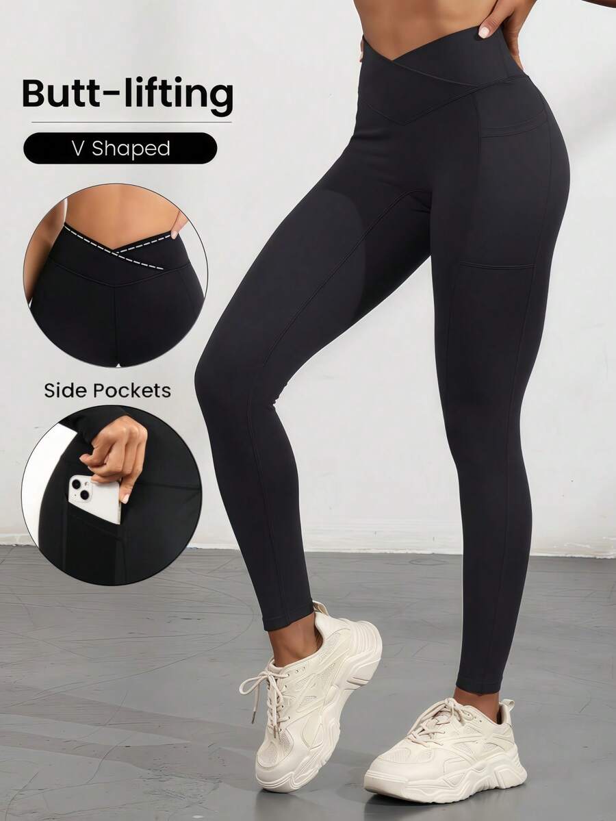 Women V-Cross Waist Tight Sport Pants Lift Buttocks Fitness Yoga Leggings High Waist Compression Workout Leggings, Criss-Cross Waist, Tummy Control, Pockets, Stretchy Fabric For Gym, Running, Training, Yoga Tights - 黑色 - 查看 1