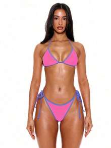 Top de Bikini Triangular con Cuello Halter y Ribete en Contraste de  Resort, Top, Verano, Primavera, Vacaciones,, Ropa de Playa Ibiza, Color Sólido - Rosa - Ver 11