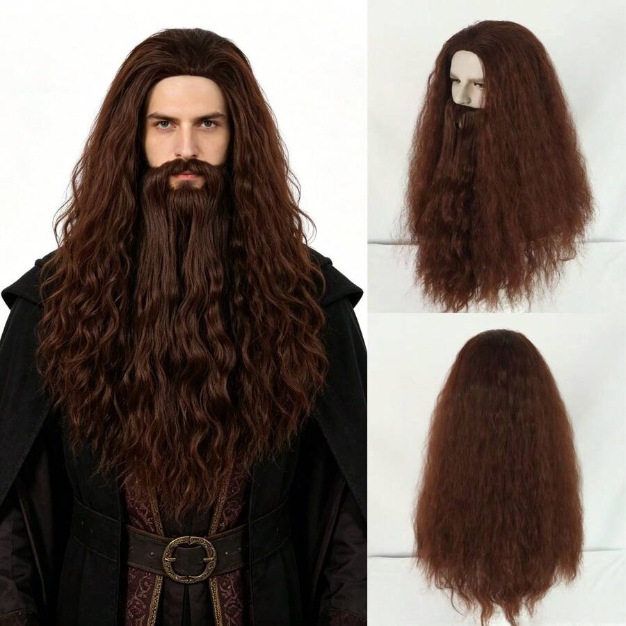 Brown Long Curly Wig With Beard Set For Men, Heat Resistant Silk Soft Matte Realistic Hair, Retro Wizard Style, Breathable Inner Cap Easy To Wear. Ideal For Halloween Party, Fantasy Cosplay, Stage Performance & Holiday Masquerade Men Full Head Wig. - Chocolate Brown - View 1