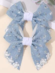 2PCS Blue Hair Bows For Girls White Flower Bow Hair Clips White Edged Bow Alligator Clips Sweet Vintage Style Bow Hair Barrettes For Daily & Party Teens Hair Accessories - Blue - View 3