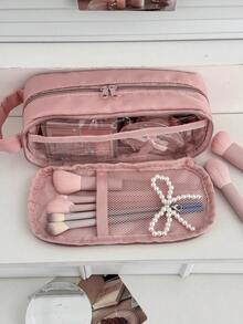 Organizador de brochas de maquillaje con compartimentos de unicolor minimalista, bolsa organizadora de cosméticos portátil para viajes - Multicolor - Ver 13