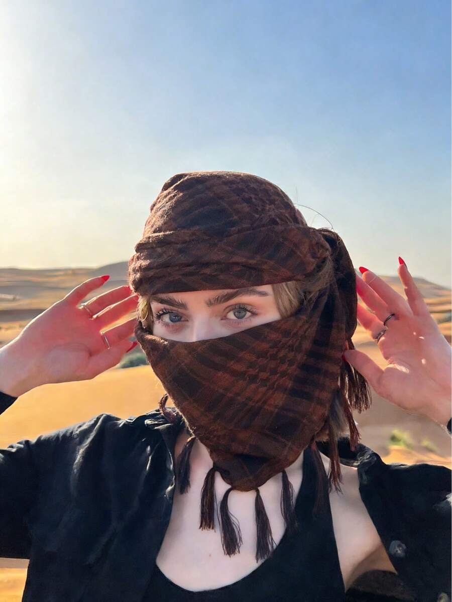 1件装女士时尚经典沙漠格纹印花战术方巾，阿拉伯户外防晒防风男女通用流苏披肩，适合日常及户外穿着，配饰，假日 - 咖啡色 - 查看 1