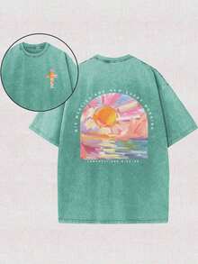 Tops230g Washed, A Beautiful Day Starts From The Morning Sun Printed T-Shirt, High-Quality Wax Printed Cotton Retro Fashion Brand T-Shirt, Beach Essen - 草綠色 - 查看 11