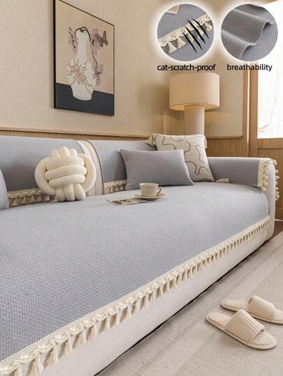 1 chiếc vỏ gối sofa dệt kim bằng cotton, có tua rua, chất liệu mềm mại và thoáng khí, kiểu dáng tối giản màu be, phù hợp cho mọi mùa, dùng làm vỏ bọc nội thất, chăn sofa, chống trượt, chống bụi, chống nhăn, bền, chống trầy xước do mèo cào, phù hợp với sofa 1-4 chỗ và sofa hình chữ L.