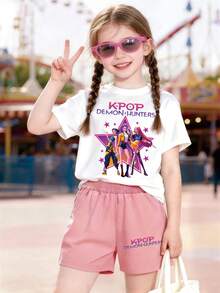 Mattel K-POP Demon H Unter Print, Girls' Pure Cotton T-Shirt And Shorts Set, An Ideal Gift For Girls - trắng - Xem 2