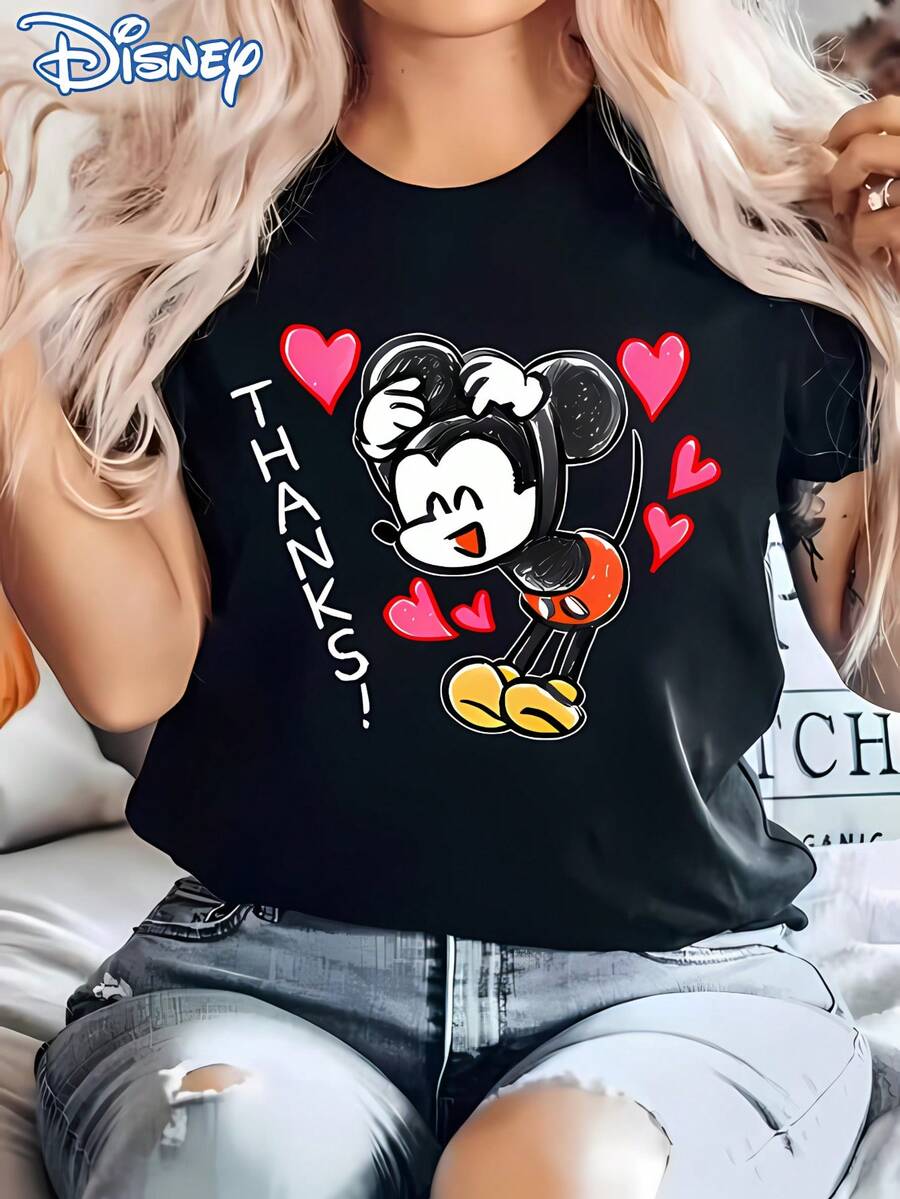Camiseta casual 100% algodón con estampado de cabeza de Mickey y personajes de Disney, para mujer, conjuntos elegantes para mujer. - Negro - Ver 1