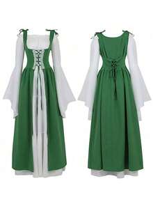 Vintage Medieval Renaissance Dress With Square Neckline And Tied Waist. Halloween Costume. Cosplay Costume. - C74 Dark Green - View 1