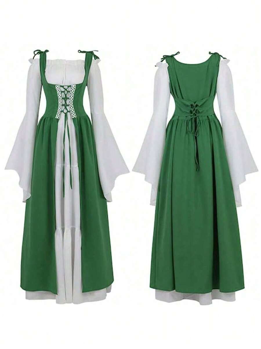 Vintage Medieval Renaissance Dress With Square Neckline And Tied Waist. Halloween Costume. Cosplay Costume. - C74 Dark Green - View 1