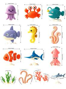 1件海洋動物蛋糕裝飾品，章魚、鯊魚、鯨魚、螃蟹與珊瑚裝飾，適用於嬰兒洗禮、生日，非玩具，請遠離14歲以下孩童 - 彩色 - 查看 9
