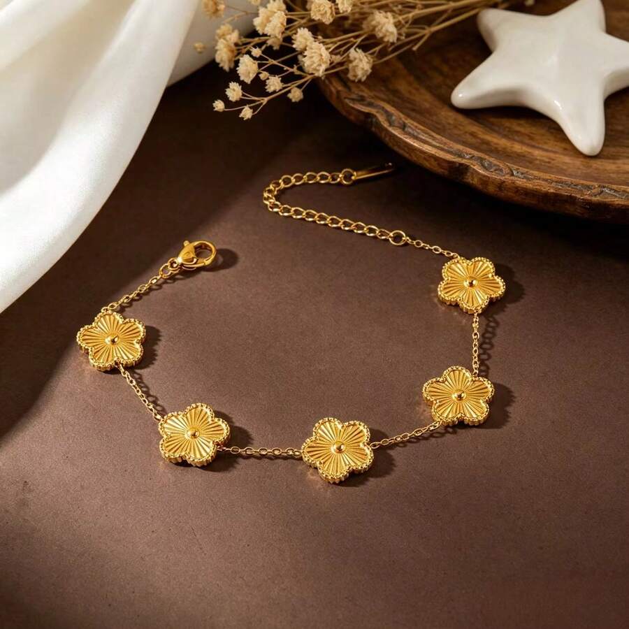 1 chiếc vòng tay hình cỏ ba lá dành cho nữ, mạ vàng 18K, làm từ thép không gỉ, dây chuyền vàng hình cỏ ba lá may mắn, quà tặng trang sức cho nữ. - Cỏ năm lá - Xem 1