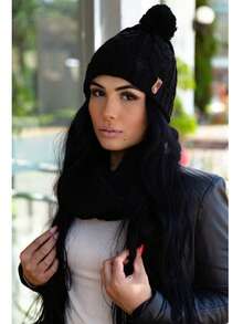 Kit Touca + Cachecol Infinito Tricot com Pompom Moda Inverno Feminino 2026 - Preto - Visão 3