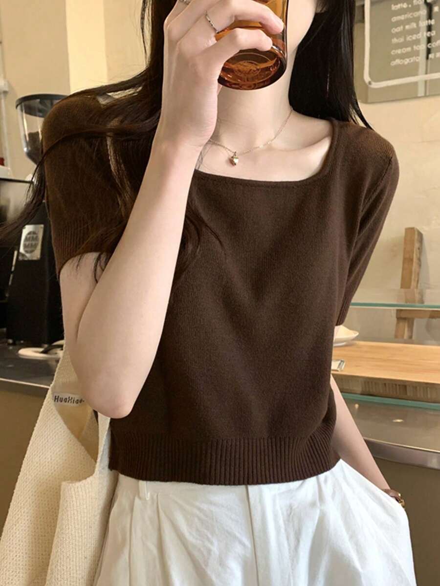女士休闲方领纯色短袖修身针织上衣,百搭夏季服饰 - 棕色 - 查看 1
