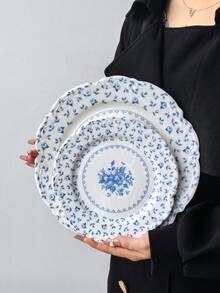 1件/2件装花瓣螺旋蓝玫瑰餐盘,法式宫廷风格蓝白陶瓷餐盘套装(1个大号,1个小号),高端精致餐具,适合招待客人、举办派对、聚会,可机洗 - 彩色 - 查看 3