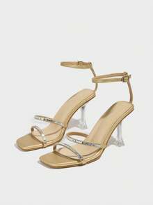 Women's New Square Toe Transparent Heel Slingback Rhinestone Strap Daily & Party High Heel Sandals - Gold - View 3