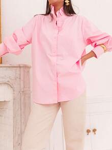 New Arrival Fashionable Elegant Solid Color Lantern Sleeve Stand Collar Casual Shirt, Suitable For Daily, Festivals, Vacation, And Dates Pink - Pink - View 5