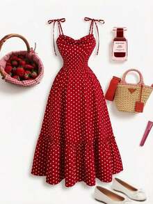 CURVE Vestido midi de línea A con cintura recogida, sin mangas, con estampado de lunares clásico y retro, elegante y de moda para vacaciones, tallas grandes para mujer, primavera/verano - Rojo y blanco - Ver 7