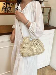 Handmade Woven Women's Tote Bag, New Fashion High-Quality Beach Resort Tote, Hollow Woven Straw Bag, Solid Khaki Women's Resort Bag, Top Metal Chain Closure Woven Bag, Suitable For Women's Vacation, Dating, Business Travel, Commuting And Daily Use - Beige - View 5