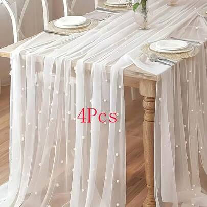 Of 4 Decorative Tablecloths Made Of Artificial Pearls, Ideal For Weddings With White Pearl Tulle, Perfect For Arch Decorations, Bridal Receptions, Party Embellishments, Chair Streamers, Event Backdrop Decor