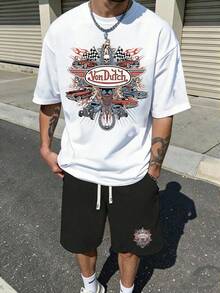 Men's Creative T-Shirt And Shorts Set, American Retro All-Print Street Style Must-Have T-Shirt Set, Men's Graphic T-Shirt And Shorts Set, Racing Car Print, Washed Finish, Vons Dutchs Logo Design, Casual Summer Outfit - trắng - Xem 1