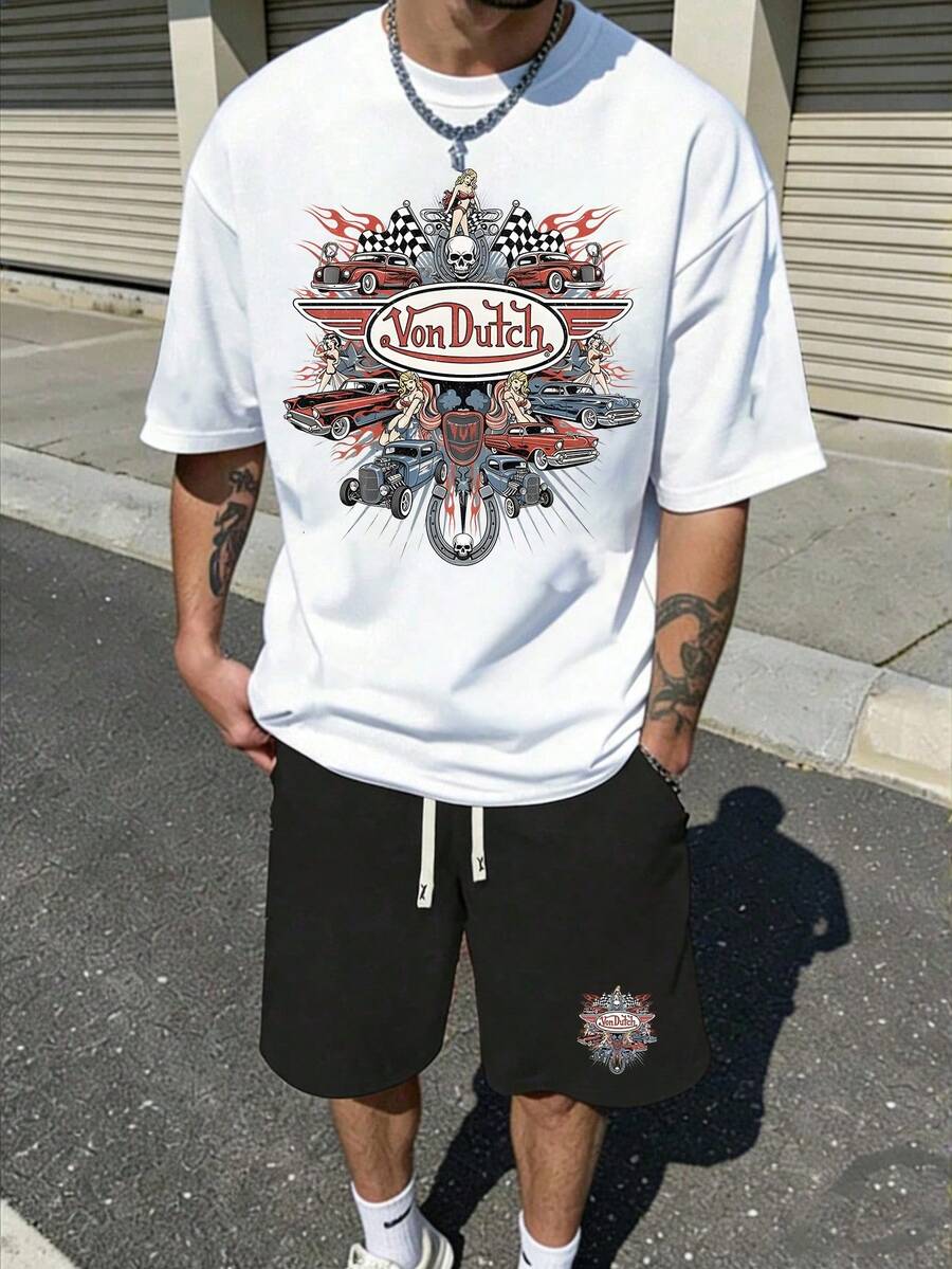 Men's Creative T-Shirt And Shorts Set, American Retro All-Print Street Style Must-Have T-Shirt Set, Men's Graphic T-Shirt And Shorts Set, Racing Car Print, Washed Finish, Vons Dutchs Logo Design, Casual Summer Outfit - trắng - Xem 1