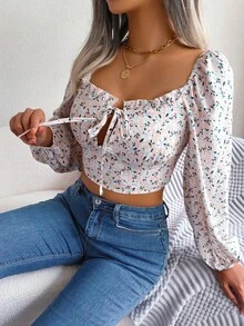 Blusa Corta de Mujer con Estampado Floral y Cordones, Manga Larga, para Verano y Otoño, Informal, de Gasa, Roja, Blanca y Azul - Rojo - Ver 3