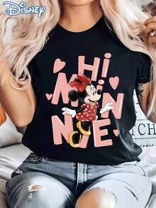 Disney Licensed! This Cute Minnie Mouse Heart Letter Print Women'S T-Shirt Features A Casual And Stylish Round Neck And Short Sleeves, Perfect For Summer. It'S A Youthful, Collegiate-Style Cartoon Sweatshirt Ideal For Outdoor And Everyday Wear - 黑色 - 查看 1