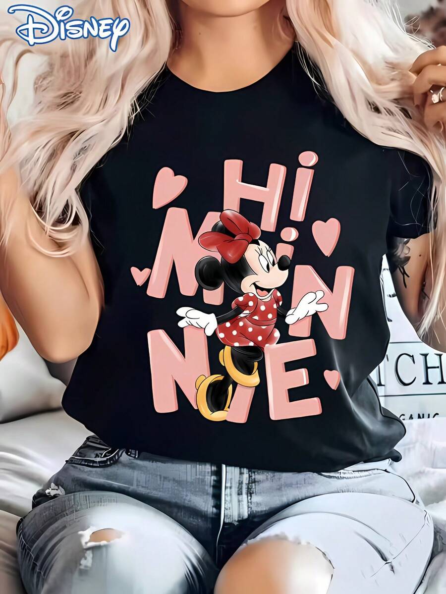 Disney Licensed! This Cute Minnie Mouse Heart Letter Print Women'S T-Shirt Features A Casual And Stylish Round Neck And Short Sleeves, Perfect For Summer. It'S A Youthful, Collegiate-Style Cartoon Sweatshirt Ideal For Outdoor And Everyday Wear - 黑色 - 查看 1