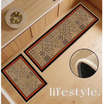 1pc Soft Rubber Linen Kitchen Mat, 3.5mm Thick Kitchen Rug, French Vintage & American Country Style, Black & Red Color, Symmetrical Geometric Pattern & Mosaic Tile Design, Sewn Edges To Prevent Peeling, Water-Absorbent And Easy To Clean Mat, Linen Surface, Foam Middle Layer, Rubber Bottom, Suitable For Kitchen Rugs, Kitchen Decor, Wedding Decor, Home Decor, Bathroom Mats, Entryway Mats, Laundry Room Mats, Hallway Runners, Living Room Mats, Etc.