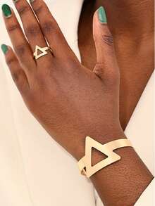 Conjunto Pulseira + Anel Feminino Geométrico Triângulo Minimalista Banhado a Ouro/Prata Elegante Ajustável - Dourado - Visão 1