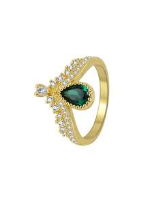 Anello da donna placcato rame e oro 18K con zirconi cubici verdi, stile vintage vittoriano palazzo con filigrana cava, design lussuoso completo, adatto per serate, feste e balli, regalo di anniversario per ragazze, gioiello di moda di lusso leggero - Dorato - Visualizzare 6