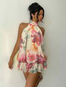 Vestido mini elegante de mujer con cuello halter y lazo en color amarillo claro - Multicolor - Ver 7