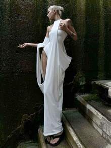 White Asymmetrical Halter Neck High Slit Avant-Garde Evening Gown, 2026 April Hot  Red Carpet Formal, Spring Summer New Arrival - White - View 1